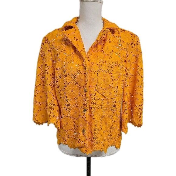 Maeve By Anthropologie Lace Half Sleeve Button Down Shirt Sunflower Yellow Sz XS - Picture 3 of 11